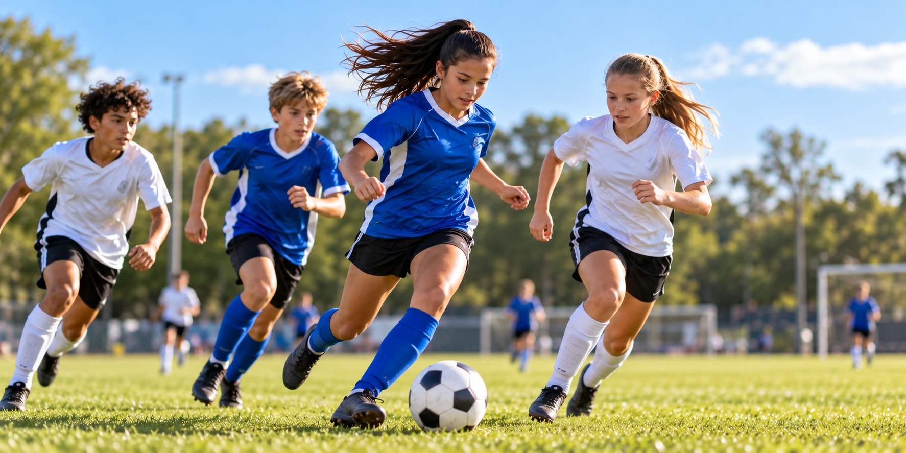 Local youth soccer players racing for the ball on a sunny field