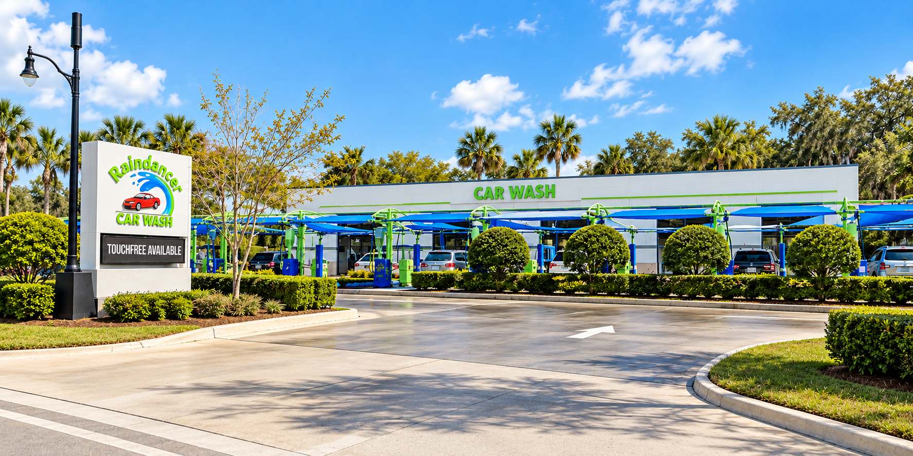 The Raindancer Car Wash sign and building on a sunny day, with blue canopies over the vacuum stations